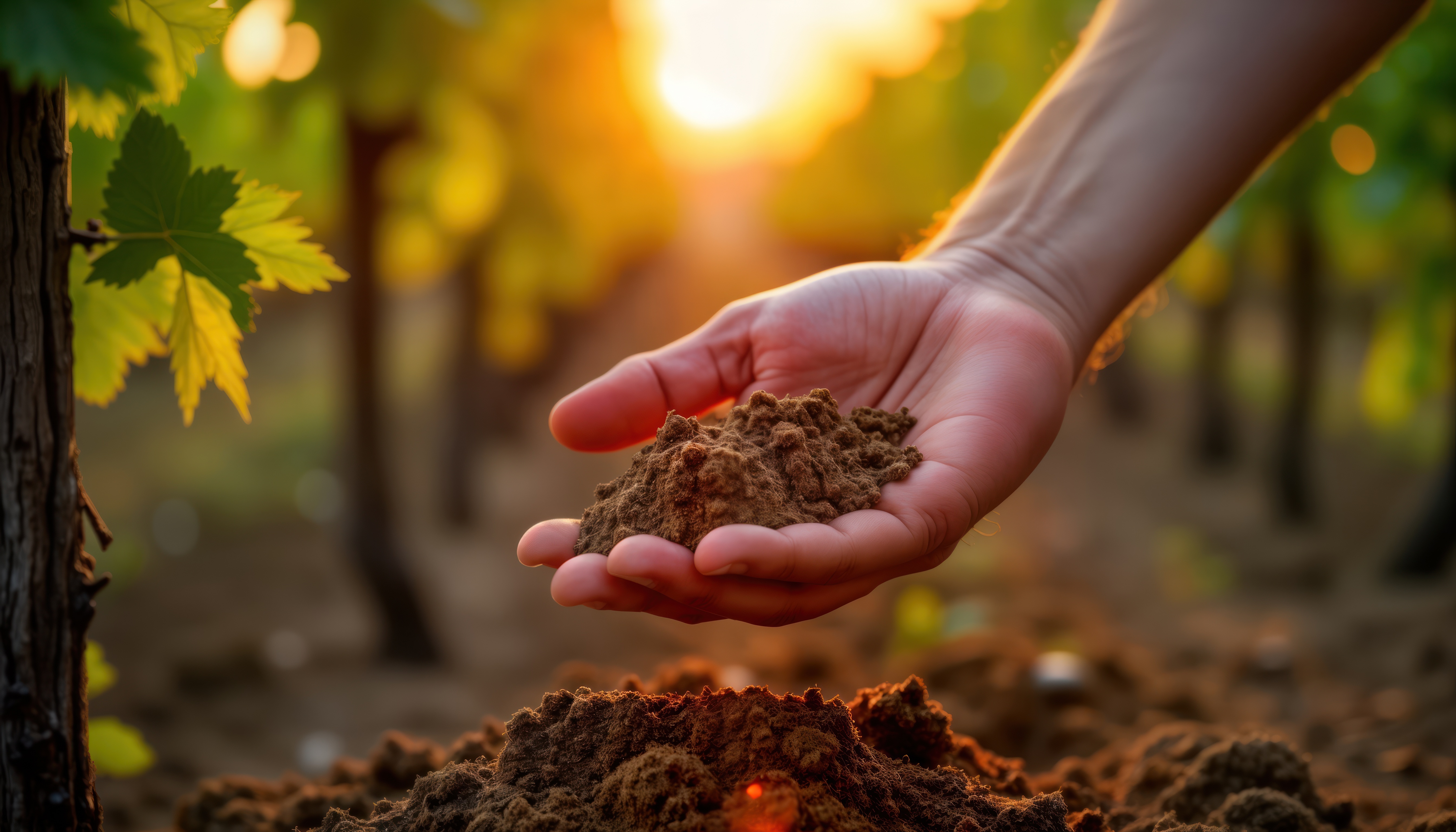Hand holding dirt in a vineyard