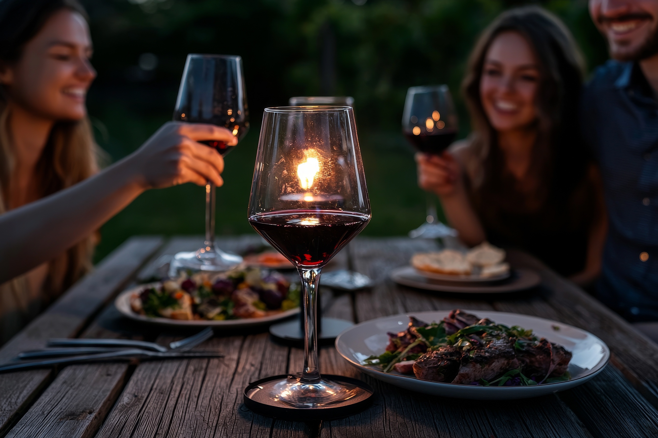 Friends enjoying food and wine
