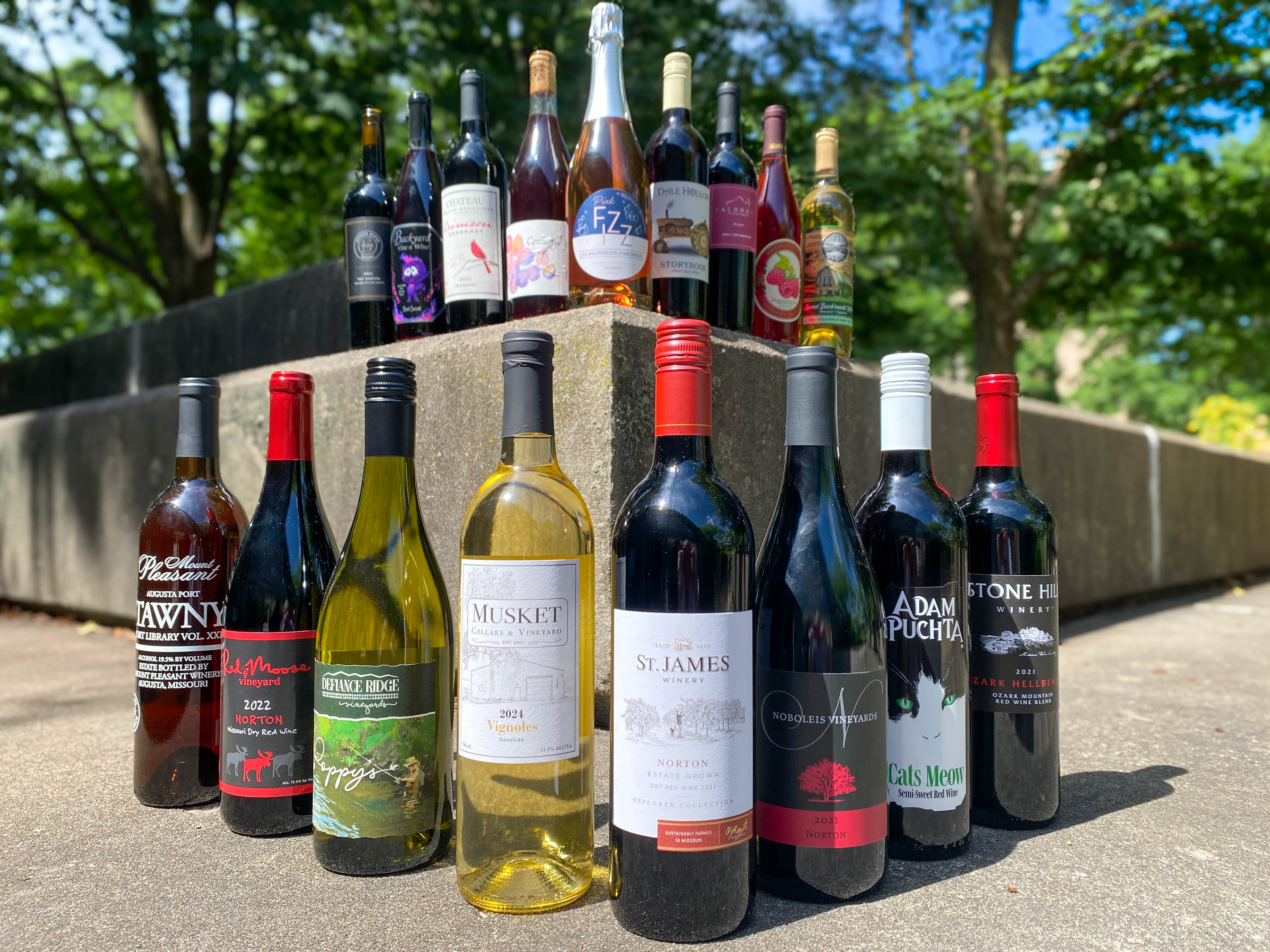 Wine bottles stacked