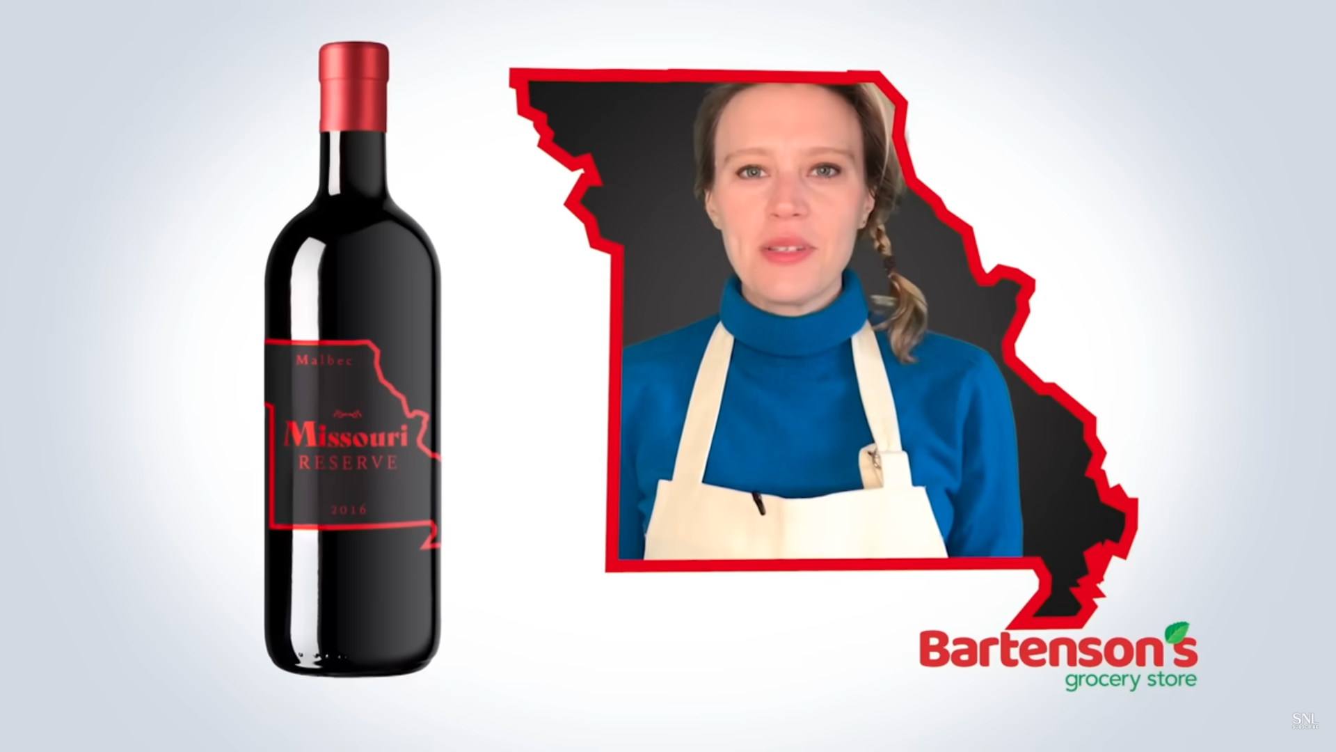 Missouri wine bottle on the left and a girl in the shape of Missouri on the right