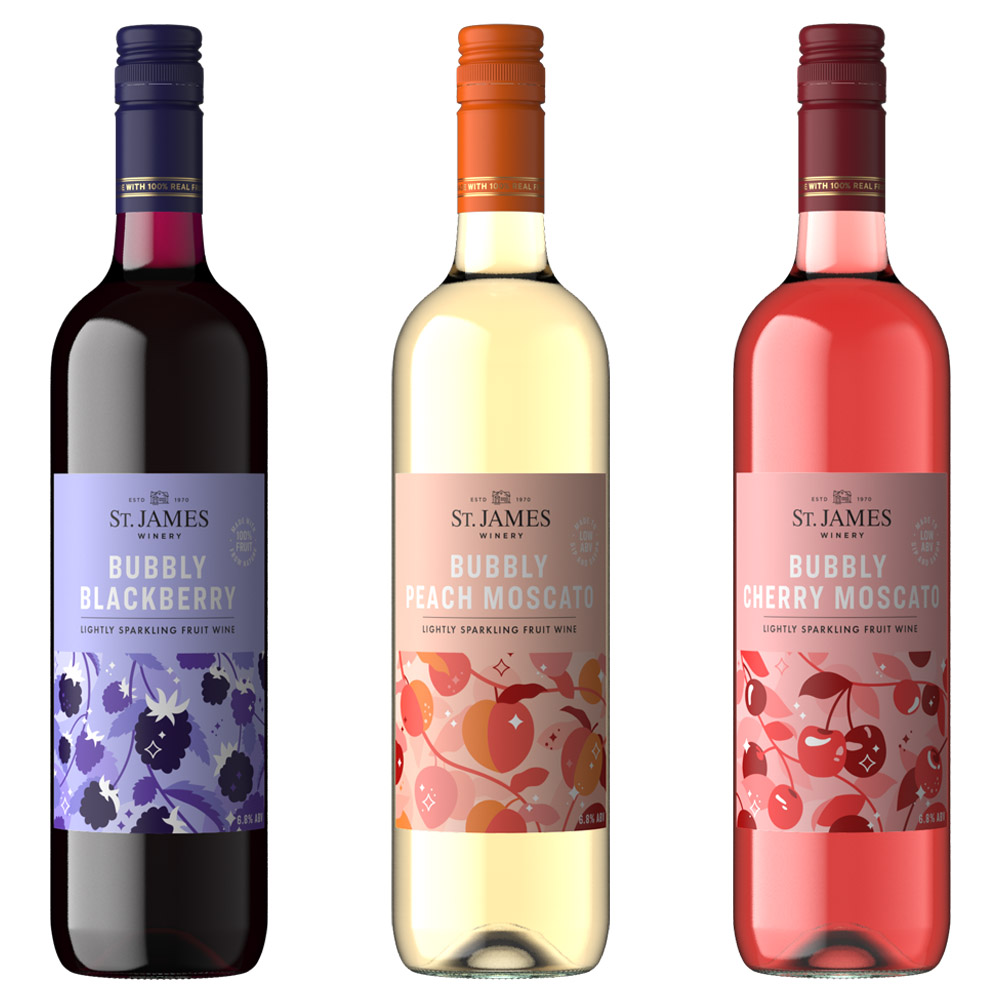 three bottles of bubbly wine from St. James isolated on white