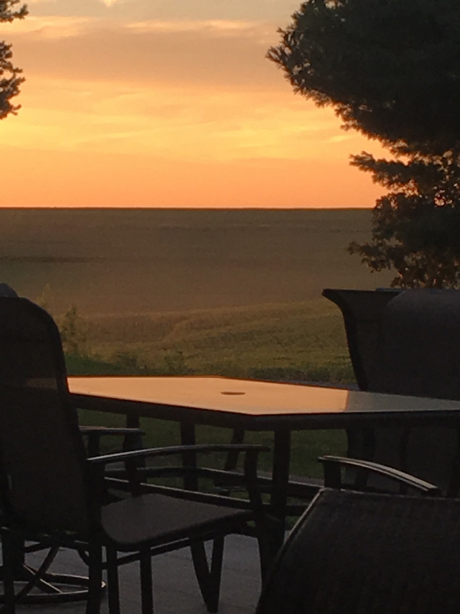 Backyard Vine & Wine, LLC - outdoor photo, dusk; the foreground has a patio table and chairs with a sunset and large field visible in the background.